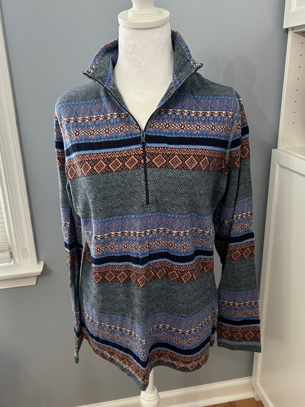 Woolrich Lightweight Quarter Zip Pullover Large Blue Southwestern Hiking Outdoor